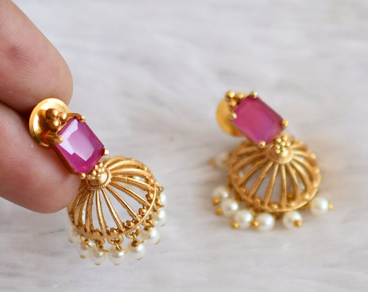 Matte finish ruby block stone pearl jhumkka dj-50155