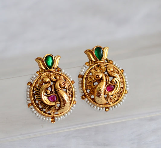 Antique gold tone pink-green kundan jadau peacock earrings dj-50142