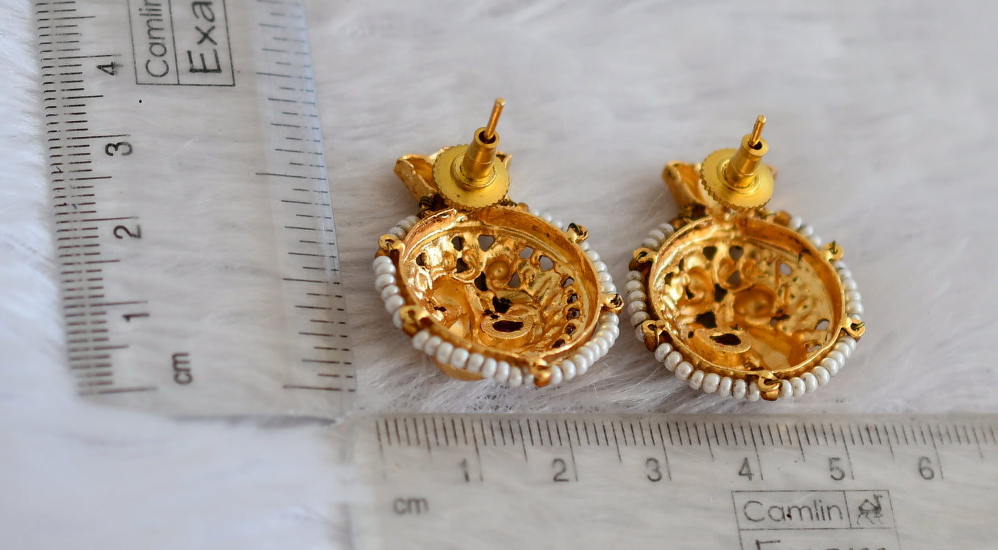 Antique gold tone pink-green kundan jadau peacock earrings dj-50142