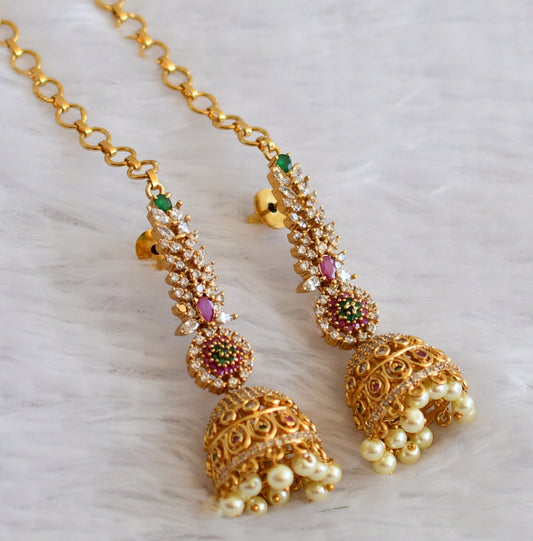 Matte finish cz ruby-green pearl bead jhumkka with ear side chain dj-50164