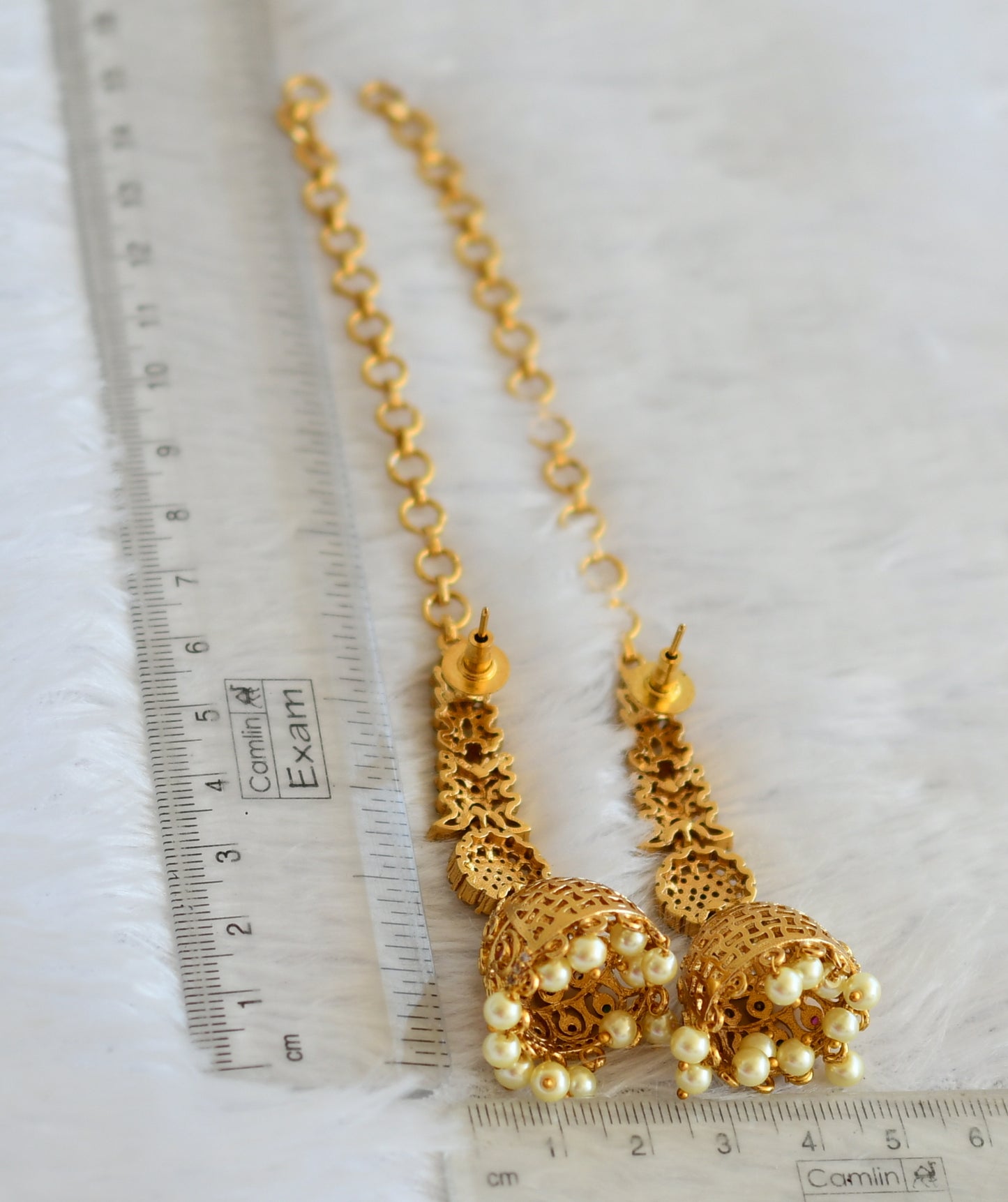 Matte finish cz ruby-green pearl bead jhumkka with ear side chain dj-50164