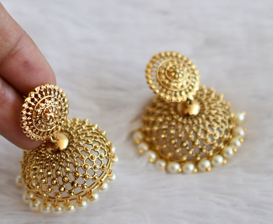 Antique gold tone pearl bead jhumkka dj-50166