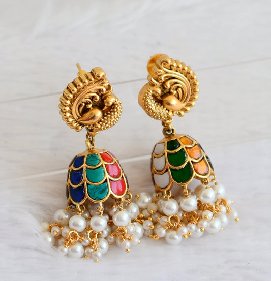 Matte finish navarathna kundan jadau pearl beaded peacock jhumkka dj-50151