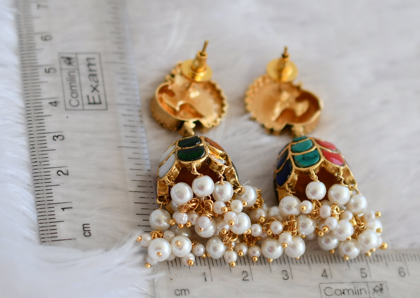 Matte finish navarathna kundan jadau pearl beaded peacock jhumkka dj-50151