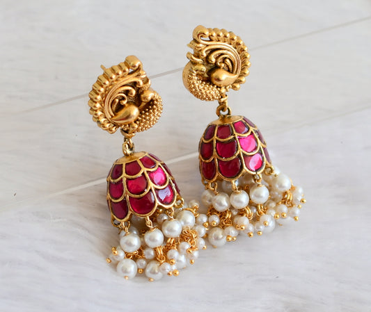Matte finish pink kundan jadau pearl beaded peacock jhumkka dj-50145