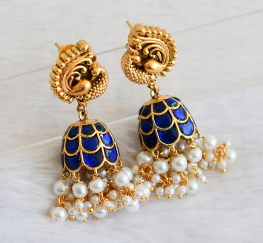 Matte finish blue kundan jadau pearl beaded peacock jhumkka dj-50146