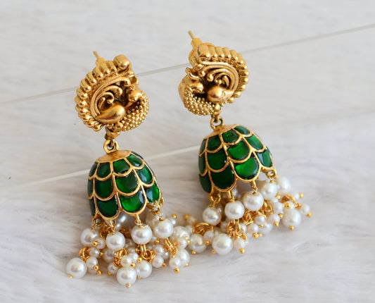 Matte finish green kundan jadau pearl beaded peacock jhumkka dj-50147