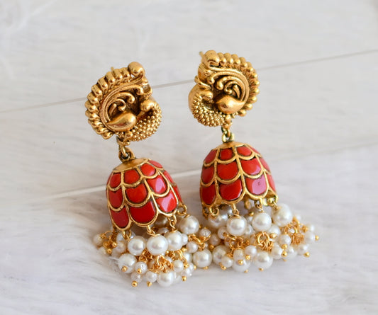 Matte finish coral kundan jadau pearl beaded peacock jhumkka dj-50150