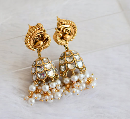 Matte finish white kundan jadau pearl beaded peacock jhumkka dj-50148