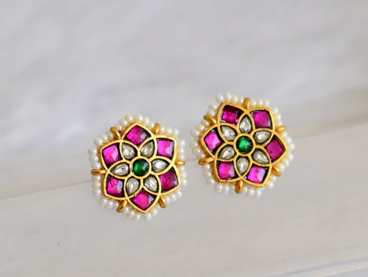 Gold tone pink-green-white kundan jadau pearl bead flower stud/earrings dj-50141