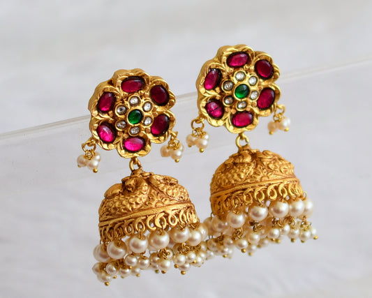 Matte finish pink-green-white kundan jadau pearl beaded flower peacock jhumkka dj-50144