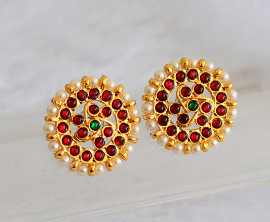 Gold tone huge kemp-green pearl round stud/earrings dj-50176