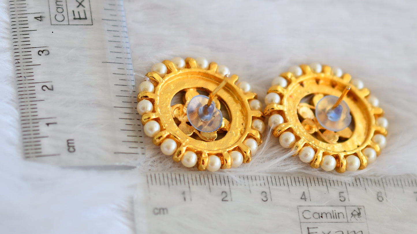 Gold tone huge kemp-green pearl round stud/earrings dj-50176