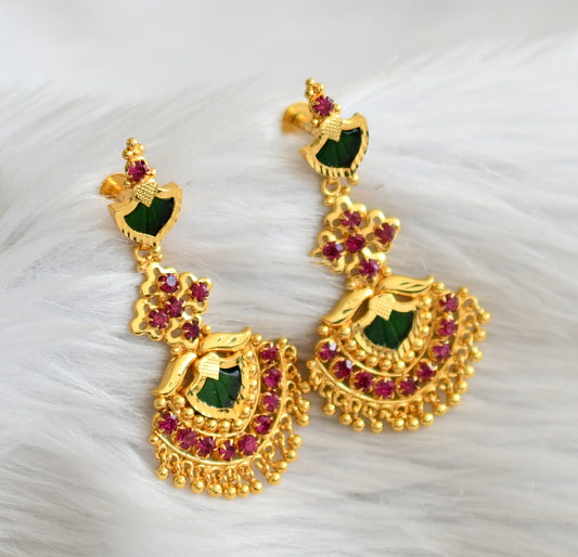 Gold tone kerala style pink-green palakka earrings dj-44757