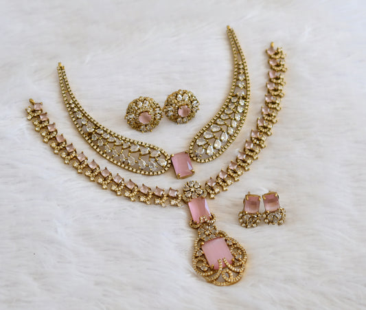 Antique gold tone cz baby pink combo necklace set dj-50179