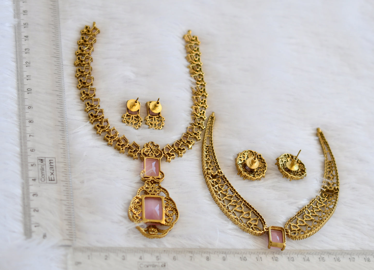Antique gold tone cz baby pink combo necklace set dj-50179
