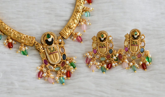 Matte finish navaratna stones thirumal kante hasli necklace set dj-45687