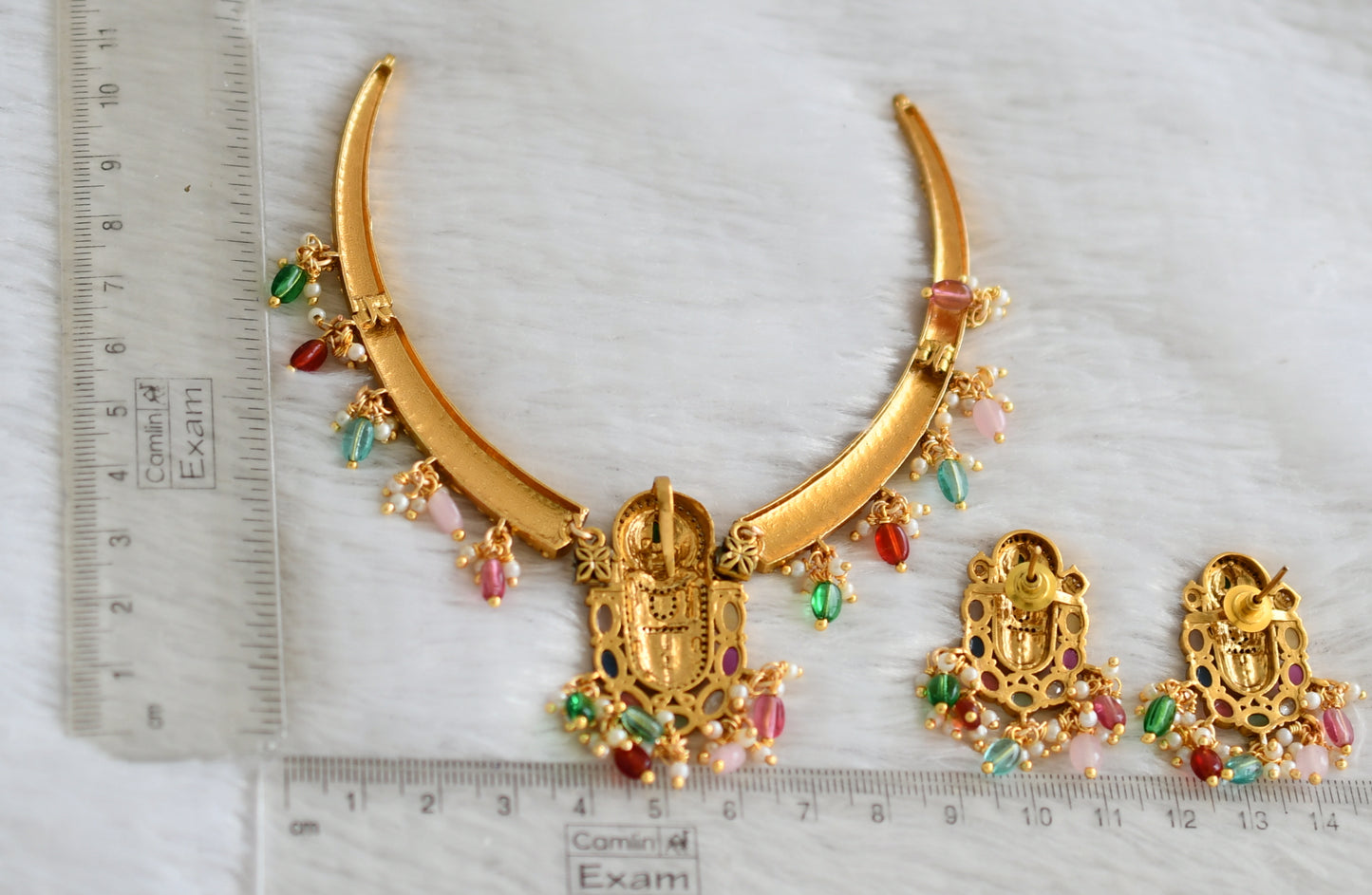 Matte finish navaratna stones thirumal kante hasli necklace set dj-45687