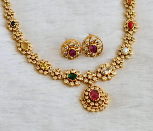 Matte finish cz navarathna stone flower necklace set dj-50195