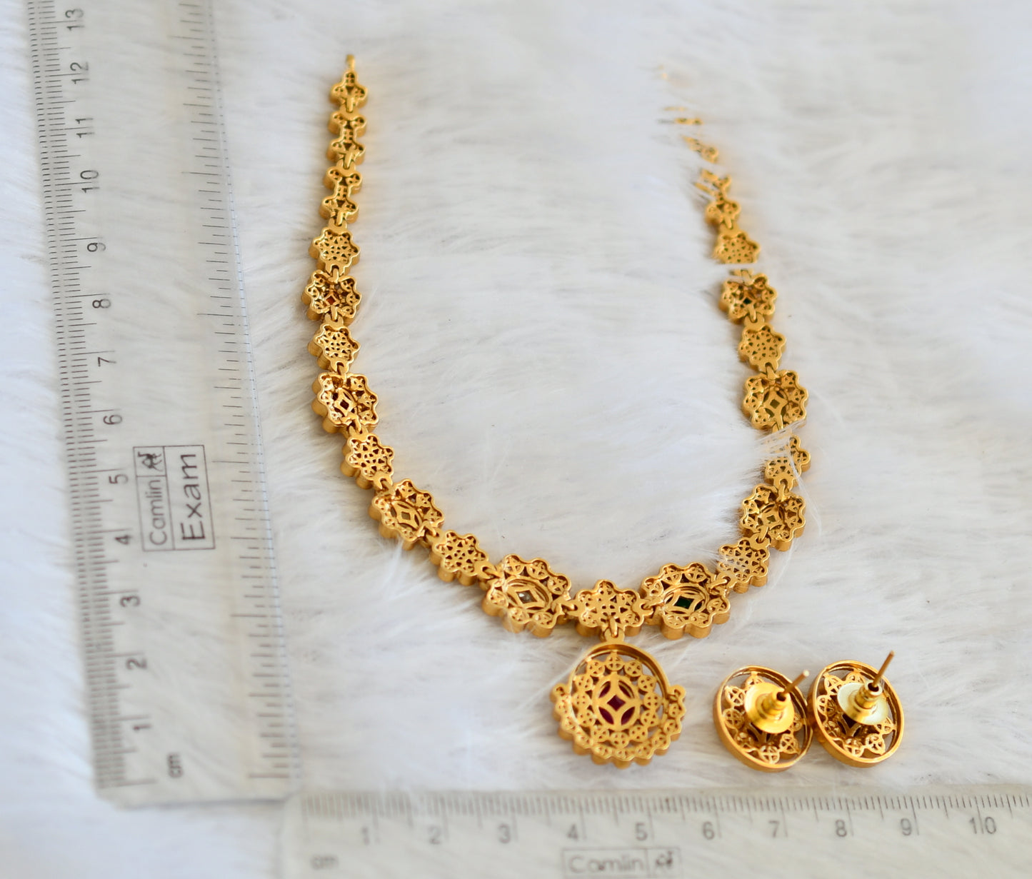 Matte finish cz navarathna stone flower necklace set dj-50195