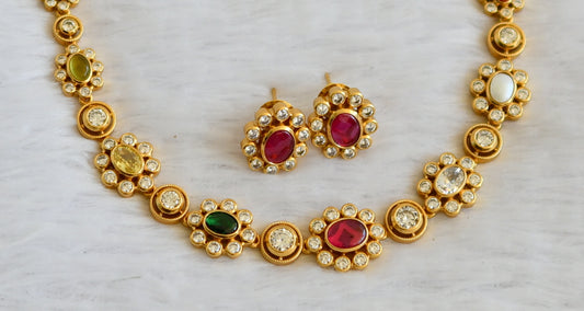 Matte finish cz navarathna oval stone flower necklace set dj-50199