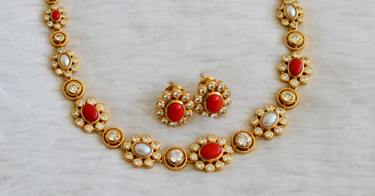 Matte finish cz coral-pearl oval stone flower necklace set dj-50198