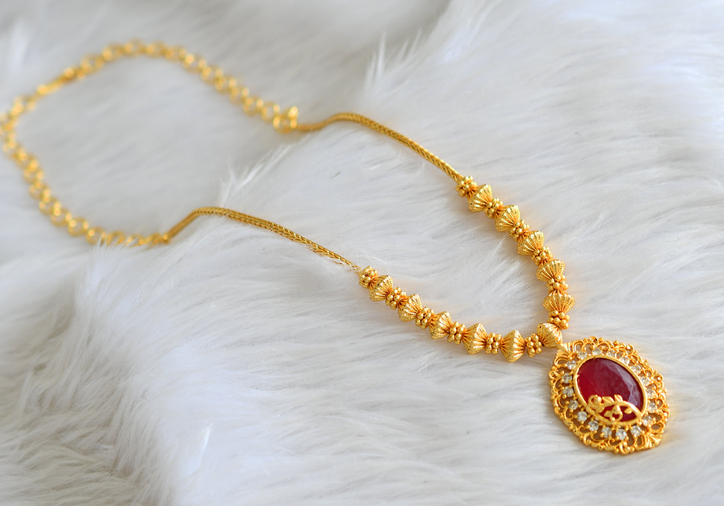 Gold tone cz white-red oval necklace dj-43265