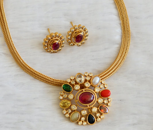 Matte finish cz navarathna stone flower necklace set dj-50184