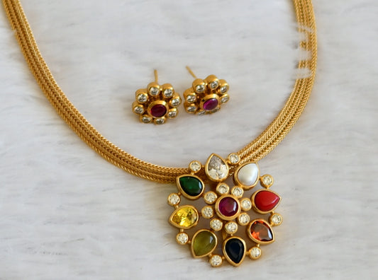 Matte finish cz navarathna stone flower necklace set dj-50185
