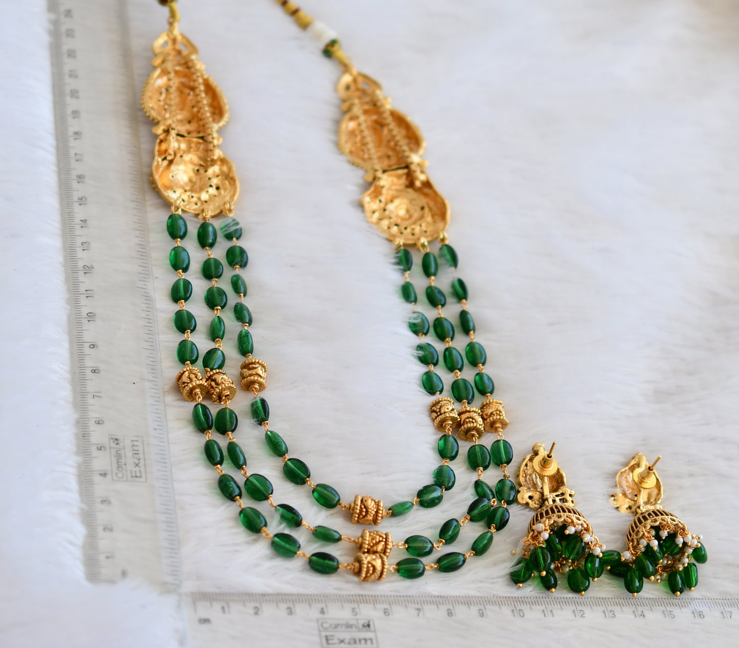 Antique gold tone green beaded multi layer lakshmi short haar set dj-50213