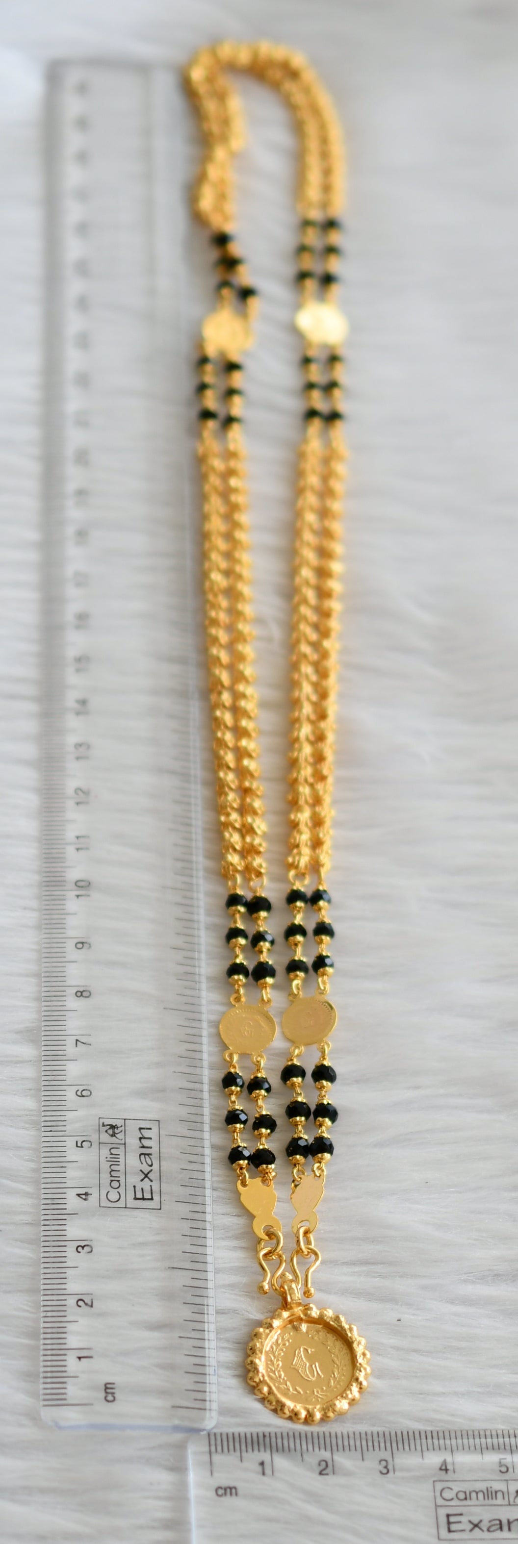 Gold tone 24 inches double layer karimani coin chain with lakshmi coin pendant dj-44809