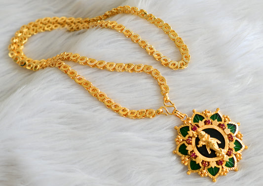 Gold tone kerala style 24 inches chain with pink-green palakka krishna pendant dj-43221