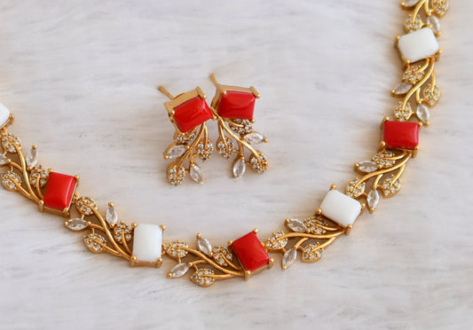 Matte finish cz coral-pearl block stone leaf necklace set dj-50209