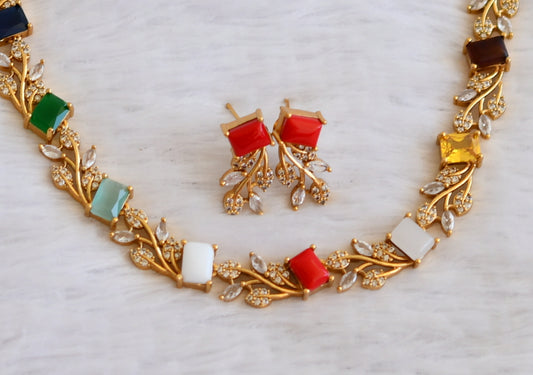 Matte finish cz navarathna block stone leaf necklace set dj-50210