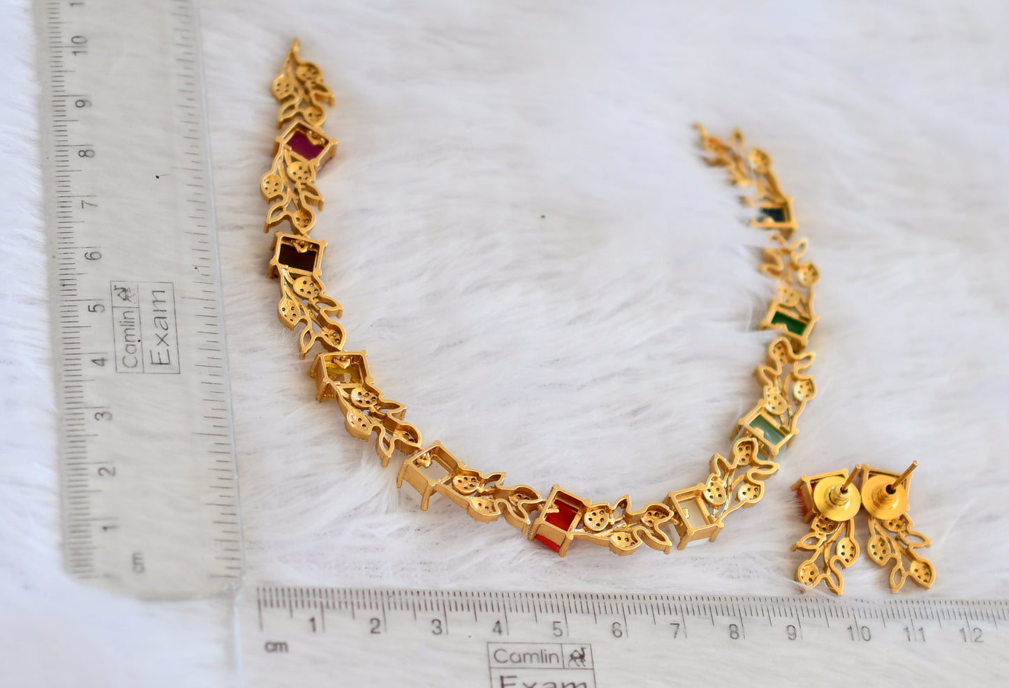 Matte finish cz navarathna block stone leaf necklace set dj-50210