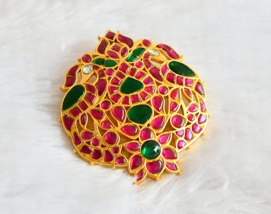 Gold tone pink-green kundan jadau peacock pendant dj-50223
