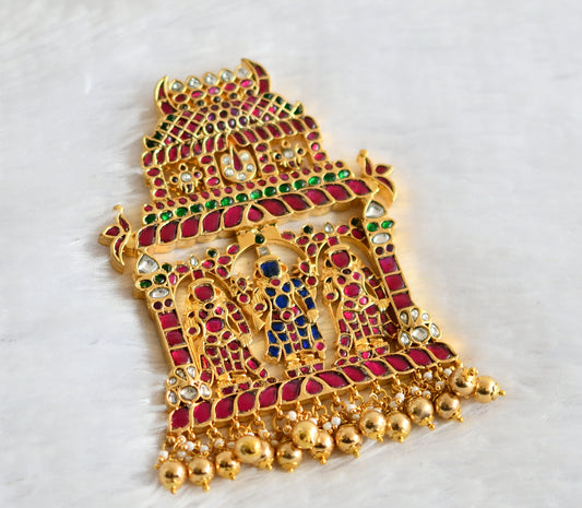 Gold tone pink-green-white kundan jadau Shri Maha Vishnu temple pendant dj-50222