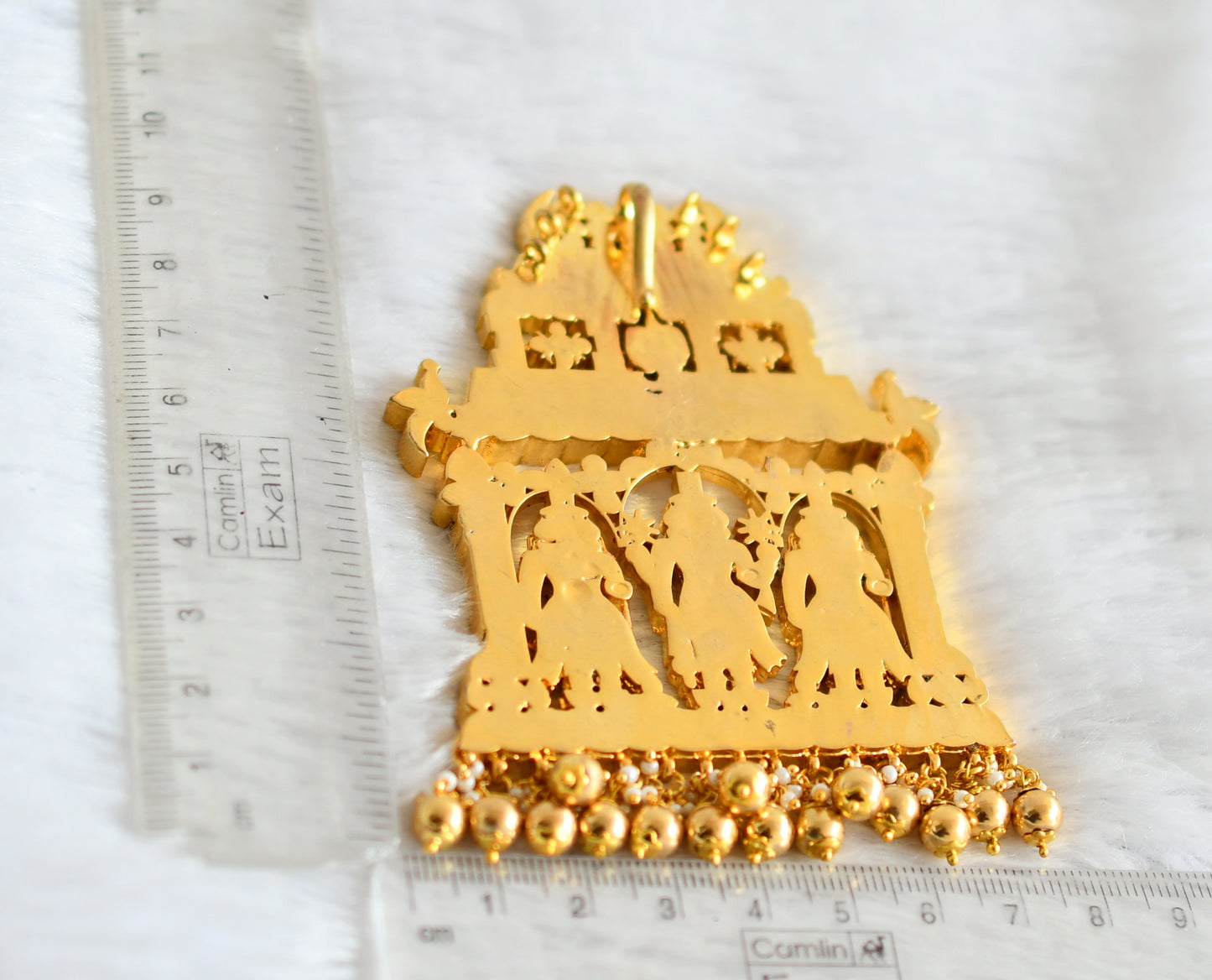 Gold tone pink-green-white kundan jadau Shri Maha Vishnu temple pendant dj-50222