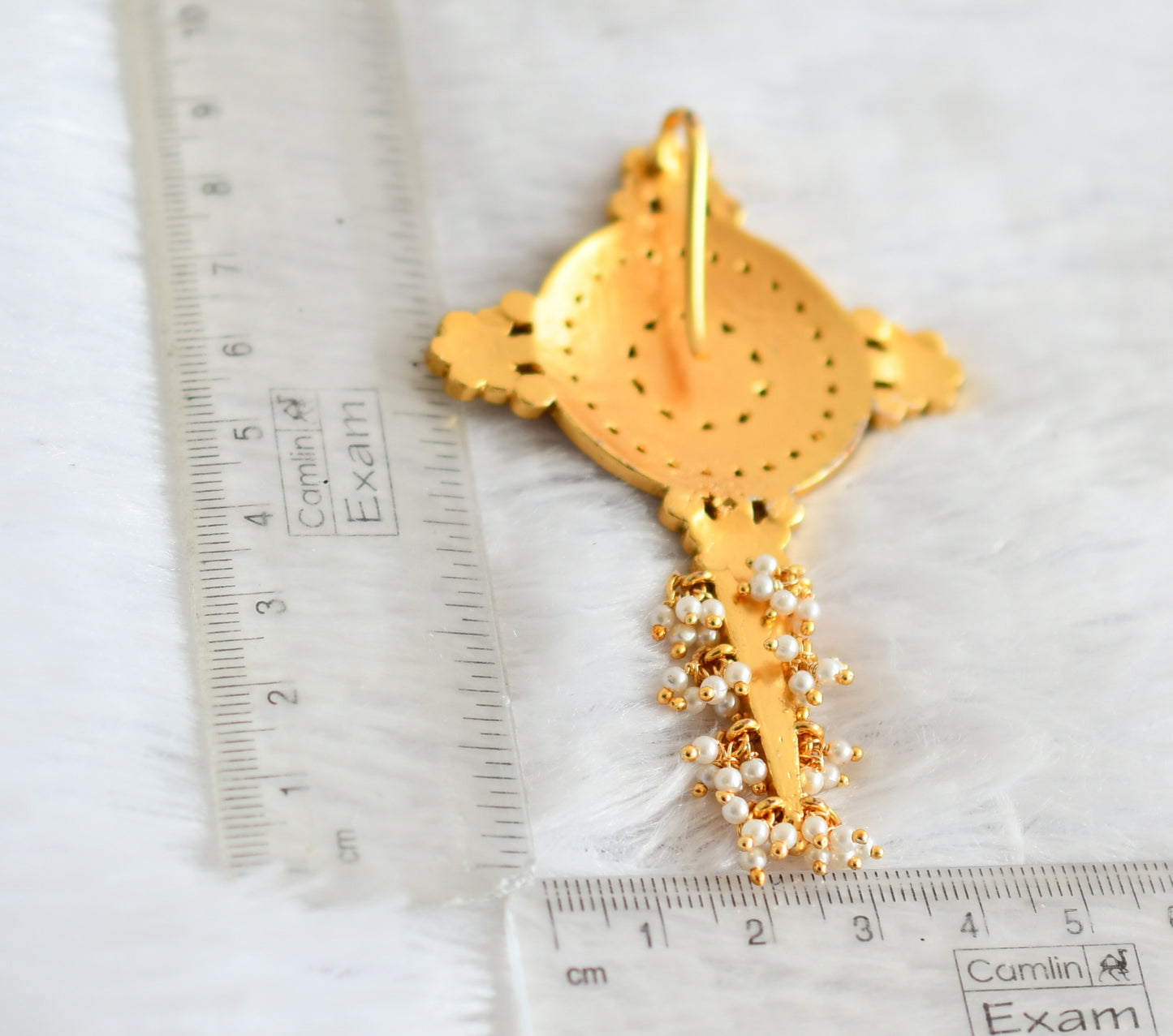 Gold tone pink-green-white kundan jadau pearl cluster chakra pendant dj-50227