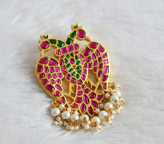 Gold tone pink-green kundan jadau pearl beaded ganda berunda pendant dj-50221