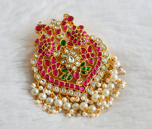 Gold tone pink-green-white kundan jadau pearl beaded peacock pendant dj-50217
