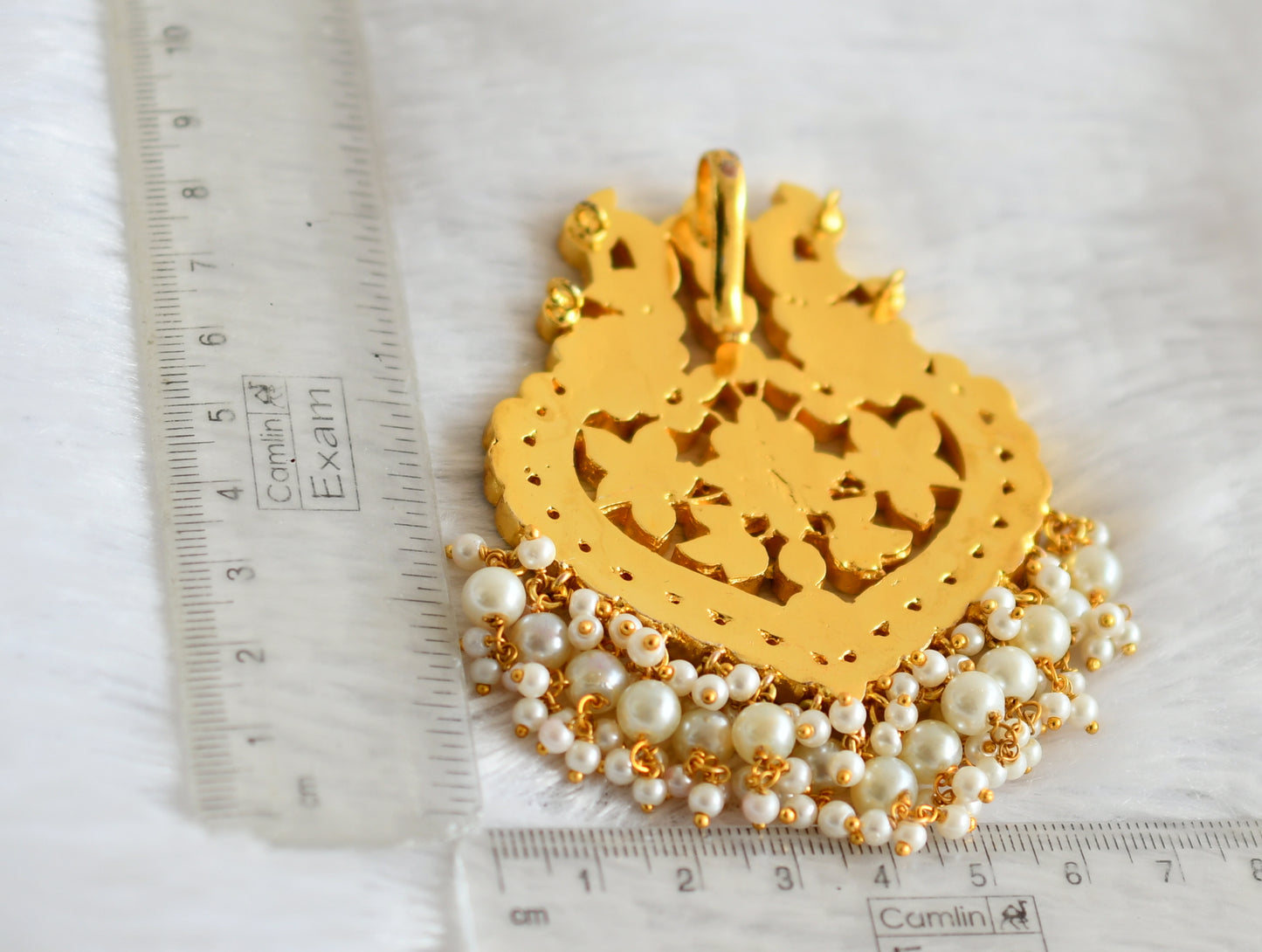 Gold tone pink-green-white kundan jadau pearl beaded peacock pendant dj-50217