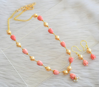 Gold tone baby pink-gold pearl tulip beaded necklace set dj-44823