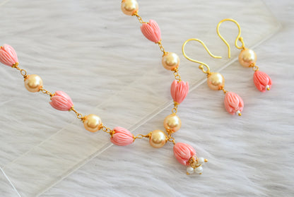 Gold tone baby pink-gold pearl tulip beaded necklace set dj-44823