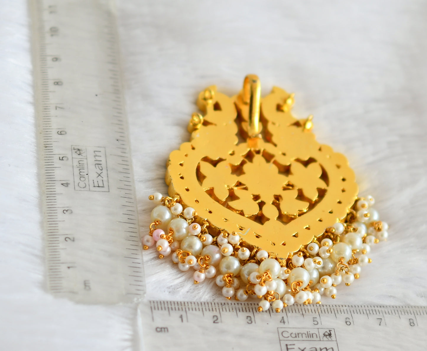Gold tone pink-white navarathna kundan jadau pearl beaded peacock pendant dj-50218
