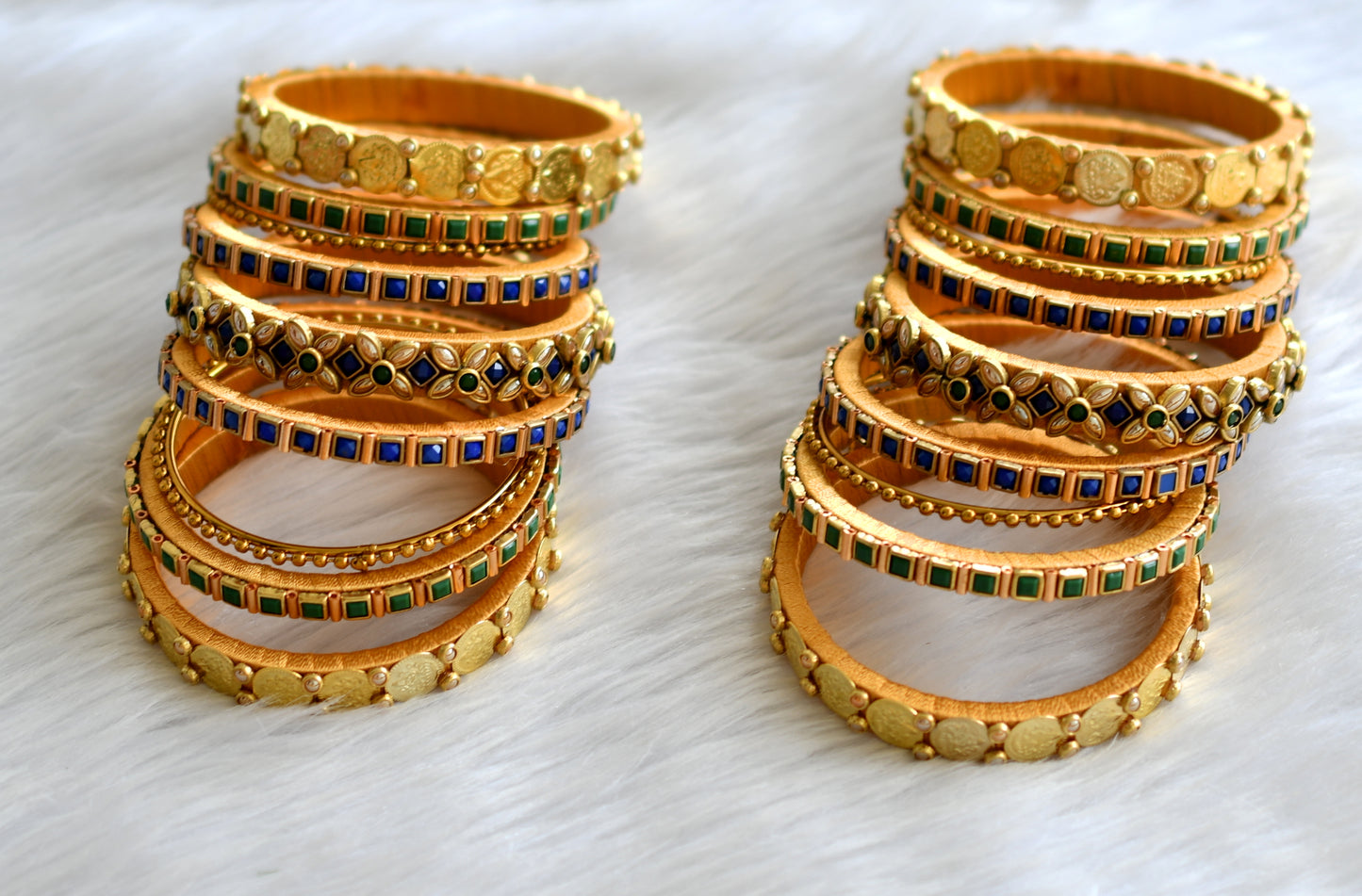 Gold tone silk thread blue-green stone kundan lakshmi coin bangles(2.4) dj-43285