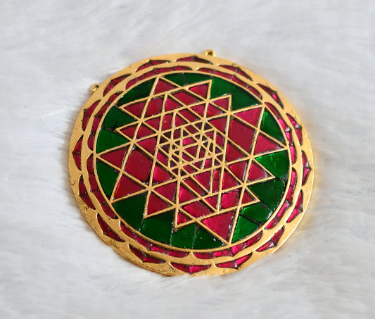 Gold tone pink-green kundan jadau shri chakram round pendant dj-50224