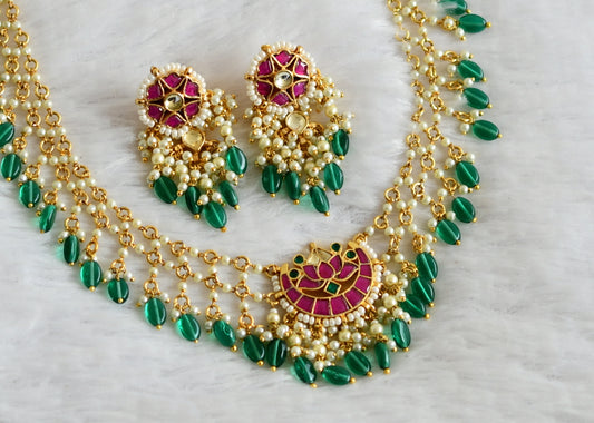 Gold tone pink-green-white kundan jadau pearl-green beaded moon lotus necklace set dj-50235