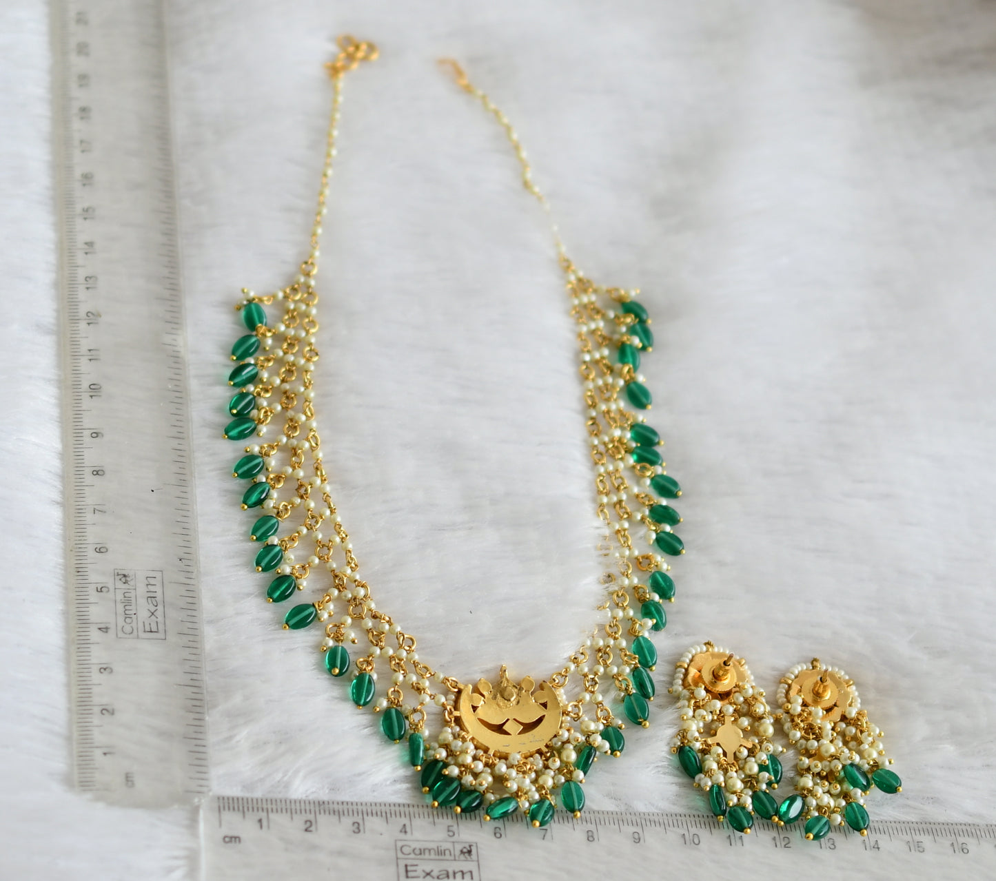 Gold tone pink-green-white kundan jadau pearl-green beaded moon lotus necklace set dj-50235