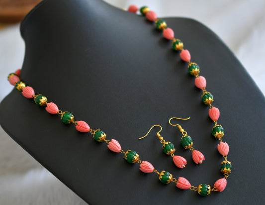 Gold tone green pumpkin bead-baby pink tulip beaded necklace set dj-44828